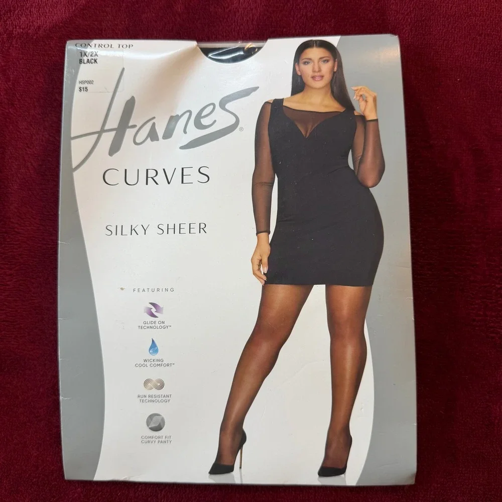 Hanes Curves Silky Sheer Control Top Pantyhose Black 1X/2X HSP002 20 Denier‎ NIP